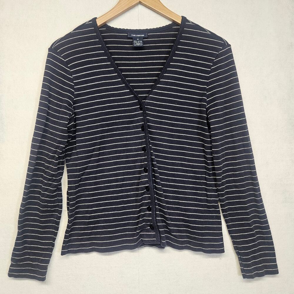 Vintage Y2K The Limited Navy Blue White Striped V-Neck Cotton Cardigan Size M